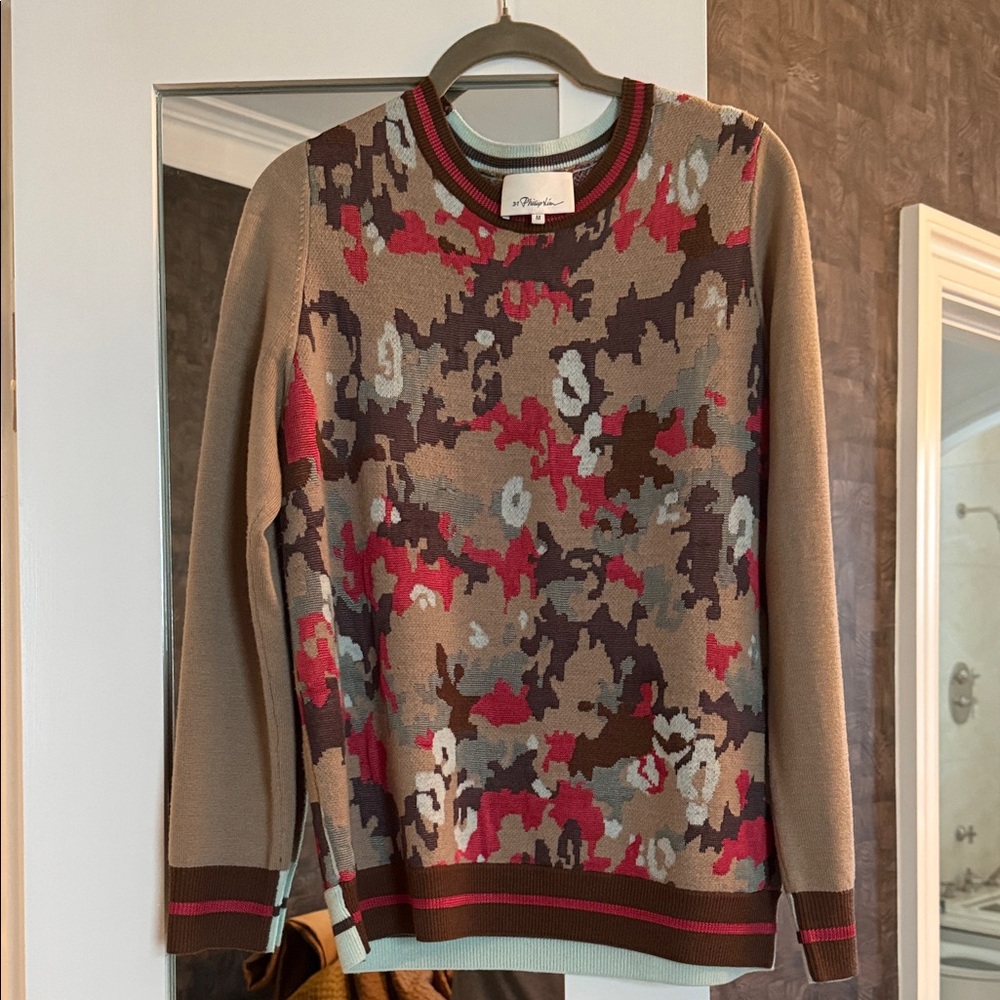 3.1 Phillip Lim Multicolor Crewneck Sweater — Red, Brown & Aqua